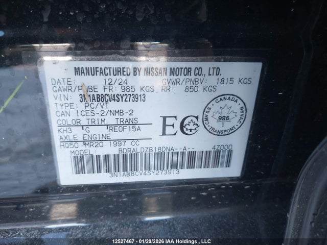 3N1AB8CV4SY273913 Nissan SENTRA SV