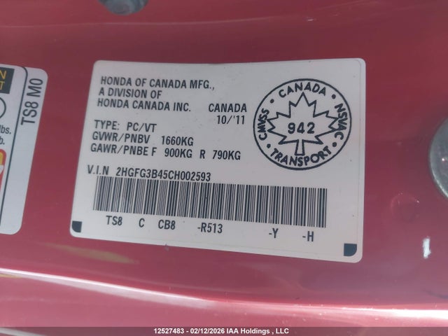 Продаж на аукціоні авто 2012 Honda Civic, vin: 2HGFG3B45CH002593, номер лоту: 12527483