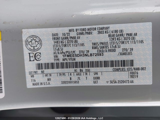 12527490 :رقم المزاد ، 1FMEE5DH3NLB72593 vin ، 2022 Ford Bronco Everglades مزاد بيع