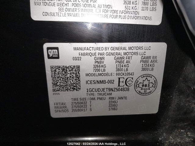 1GCUDJET9NZ504838 Chevrolet Silverado K1500 High Country