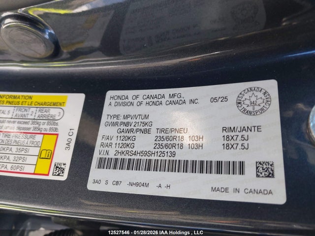 2HKRS4H59SH125139 Honda Cr-v Sport