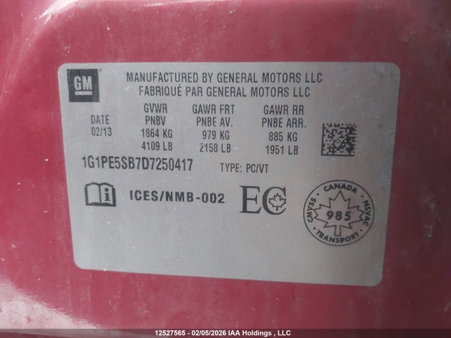 Aukcja sprzedaży 2013 Chevrolet Cruze Lt Turbo, vin: 1G1PE5SB7D7250417, numer aukcji: 12527565