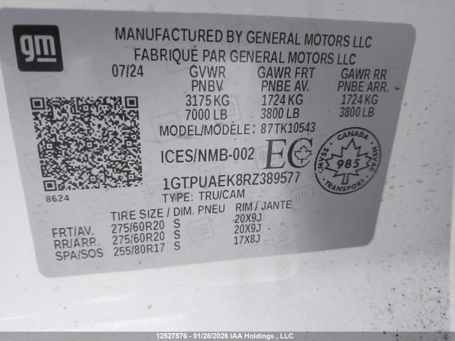 12527576 :رقم المزاد ، 1GTPUAEK8RZ389577 vin ، 2024 Gmc Sierra K1500 مزاد بيع