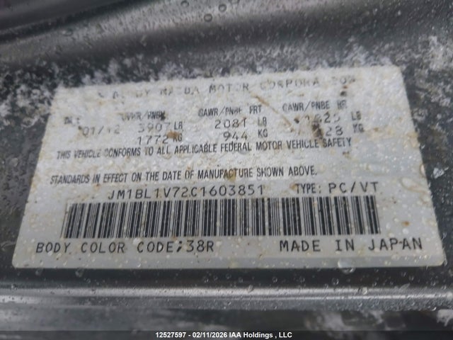 Aukcja sprzedaży 2012 Mazda 3 I, vin: JM1BL1V72C1603851, numer aukcji: 12527597