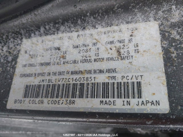 Aukcja sprzedaży 2012 Mazda 3 I, vin: JM1BL1V72C1603851, numer aukcji: 12527597