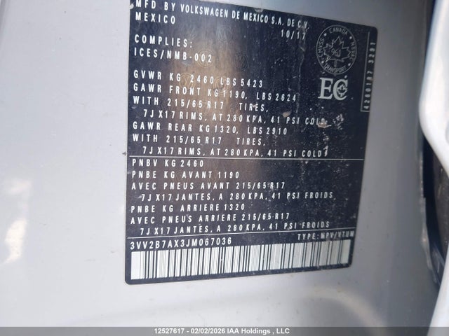 3VV2B7AX3JM067036 Volkswagen Tiguan Se/sel