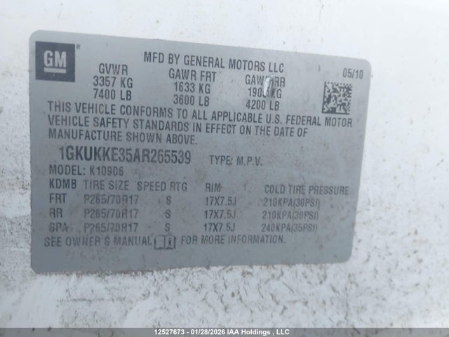 12527673 :رقم المزاد ، 1GKUKKE35AR265539 vin ، 2010 Gmc Yukon Xl 1500 Slt مزاد بيع