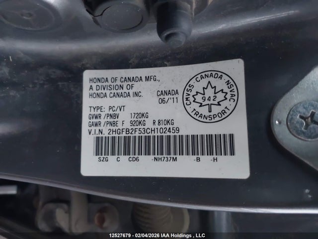 2012 Honda Civic Ex 4dr მანქანა იყიდება აუქციონზე, vin: 2HGFB2F53CH102459, აუქციონის ნომერი: 12527679