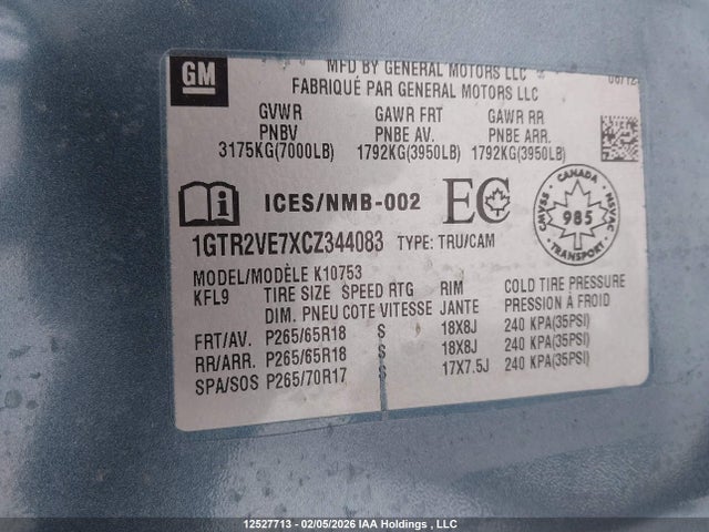 12527713 :رقم المزاد ، 1GTR2VE7XCZ344083 vin ، 2012 Gmc Sierra K1500 Sle مزاد بيع