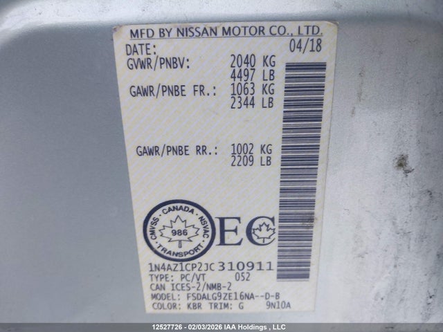 1N4AZ1CP2JC310911 Nissan Leaf