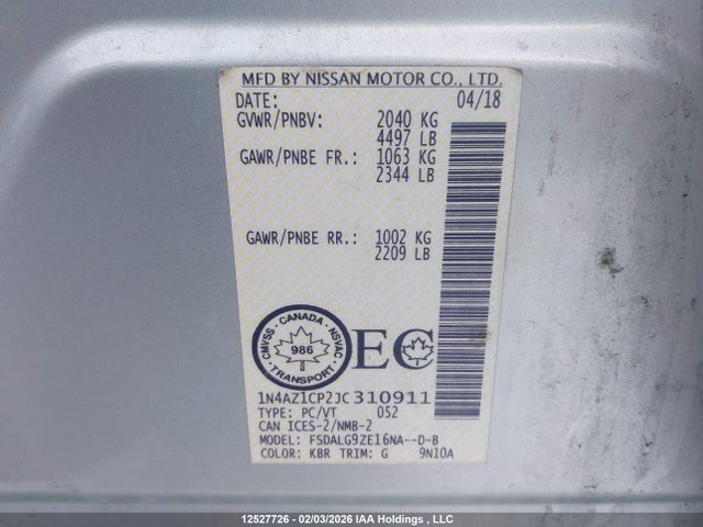 1N4AZ1CP2JC310911 Nissan Leaf
