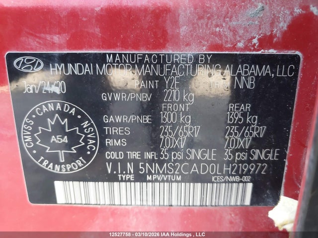 12527758 :رقم المزاد ، 5NMS2CAD0LH219972 vin ، 2020 Hyundai Santa Fe Se مزاد بيع