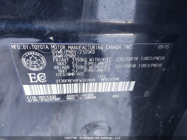 2015 Toyota Rav4 Limited მანქანა იყიდება აუქციონზე, vin: 2T3DFREV8FW382839, აუქციონის ნომერი: 12527788