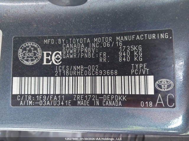 2T1BURHE0GC693668 Toyota Corolla L/le/le Pls/prm/s/s Pls