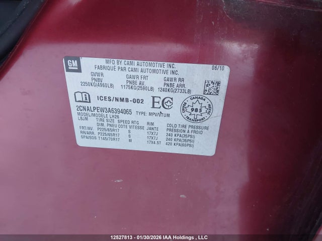 12527813 :رقم المزاد ، 2CNALPEW3A6394065 vin ، 2010 Chevrolet Equinox Lt مزاد بيع