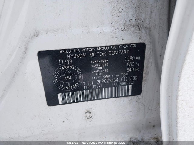 2020 Hyundai Accent Se/sel მანქანა იყიდება აუქციონზე, vin: 3KPC25A64LE111539, აუქციონის ნომერი: 12527827