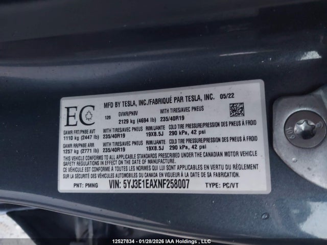 5YJ3E1EAXNF258007 Tesla MODEL 3