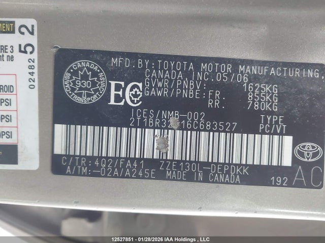 12527851 :رقم المزاد ، 2T1BR32E16C683527 vin ، 2006 Toyota Corolla Ce/le/s مزاد بيع