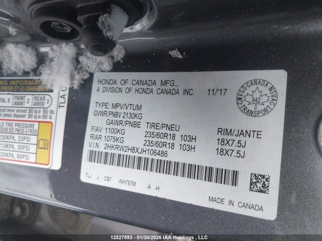 2HKRW2H8XJH106486 Honda Cr-v Ex-l