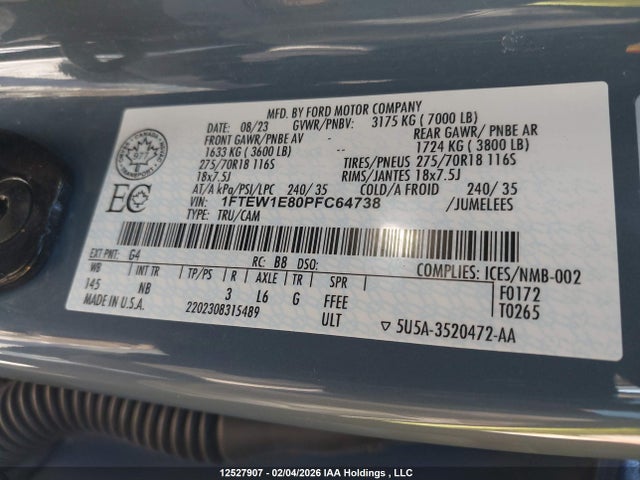 12527907 :رقم المزاد ، 1FTEW1E80PFC64738 vin ، 2023 Ford F150 Xlt مزاد بيع