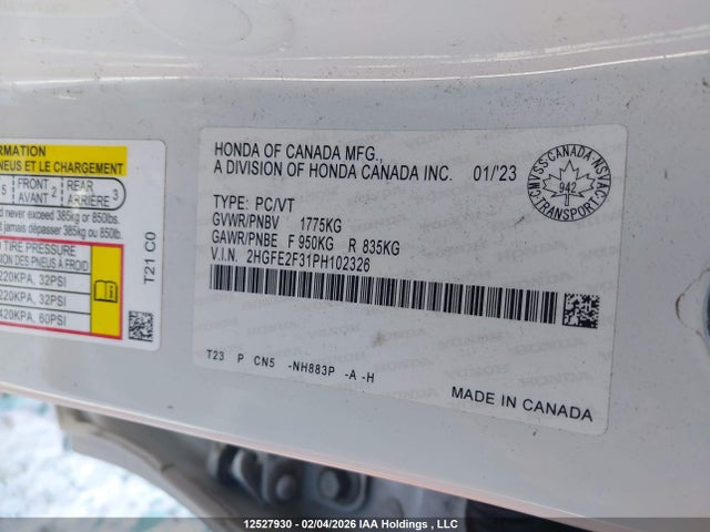 Продаж на аукціоні авто 2023 Honda Civic Ex 4dr, vin: 2HGFE2F31PH102326, номер лоту: 12527930