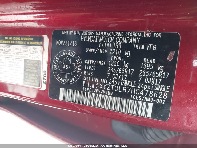 5XYZT3LB7HG478628 Hyundai Santa Fe