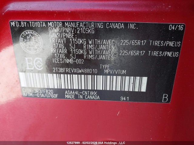 2T3BFREVXGW488010 Toyota RAV4 LE