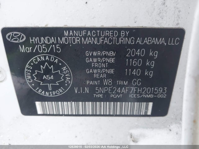 Aukcja sprzedaży 2015 Hyundai Sonata Se, vin: 5NPE24AF7FH201593, numer aukcji: 12528015