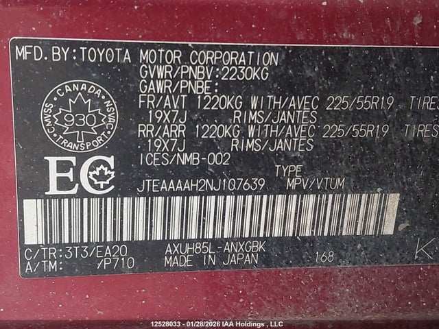 Aukcja sprzedaży 2022 Toyota Venza Le/xle/limited, vin: JTEAAAAH2NJ107639, numer aukcji: 12528033