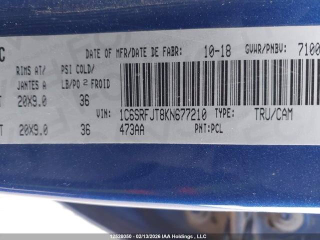 Aukcja sprzedaży 2019 Ram 1500 Laramie, vin: 1C6SRFJT8KN677210, numer aukcji: 12528050