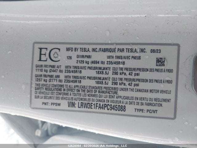 LRW3E1FA4PC945088 Tesla Model 3 Rwd