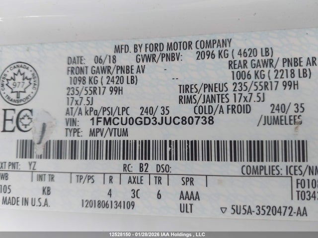 12528150 :رقم المزاد ، 1FMCU0GD3JUC80738 vin ، 2018 Ford Escape Se مزاد بيع