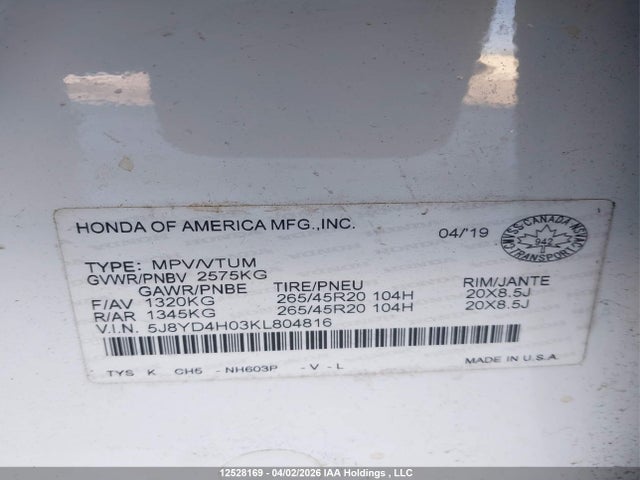 Aukcja sprzedaży 2019 Acura Mdx A-spec/elite, vin: 5J8YD4H03KL804816, numer aukcji: 12528169