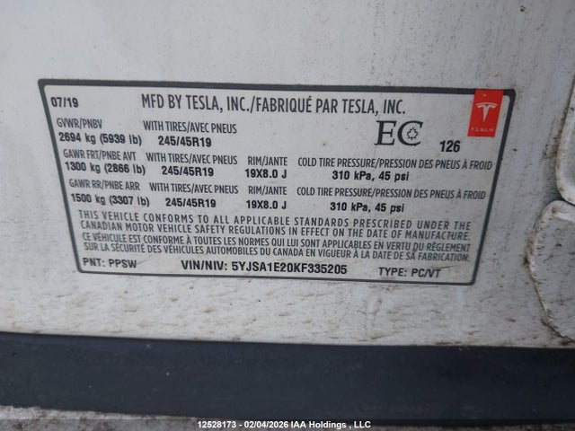 Tesla MODEL S 2019 5YJSA1E20KF335205 Image 9