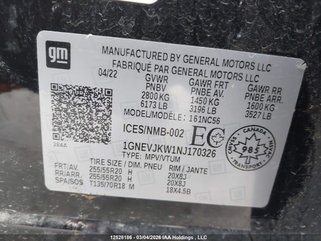 1GNEVJKW1NJ170326 Chevrolet Traverse Rs