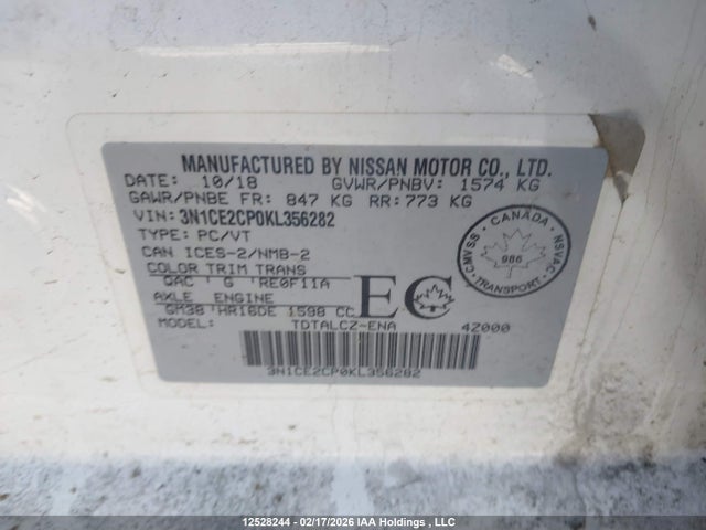 Продажа на аукционе авто 2019 Nissan Versa Note S/sv, vin: 3N1CE2CP0KL356282, номер лота: 12528244