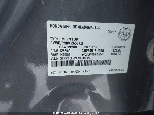 5FNYF6H89HB508222 Honda Pilot Ex-l Res