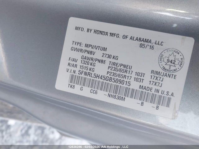 5FNRL5H45GB509015 Honda ODYSSEY EX