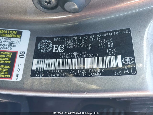 2T1BURHE6JC020763 Toyota Corolla Ce/le/se