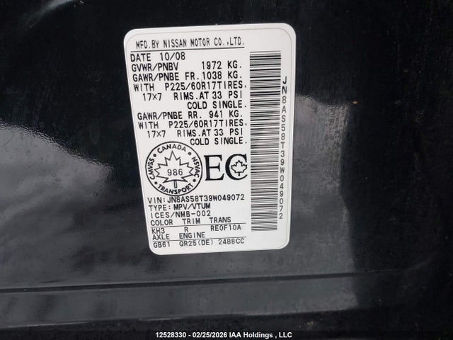 Aukcja sprzedaży 2009 Nissan Rogue Sl, vin: JN8AS58T39W049072, numer aukcji: 12528330