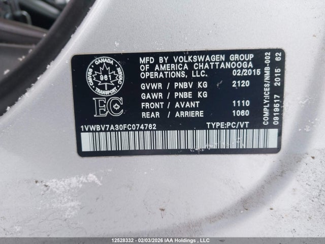 Aukcja sprzedaży 2015 Volkswagen Passat Se, vin: 1VWBV7A30FC074762, numer aukcji: 12528332