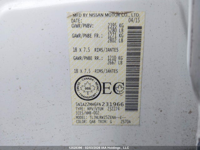 5N1AZ2MH6FN231966 Nissan Murano Platinum/sl/sv