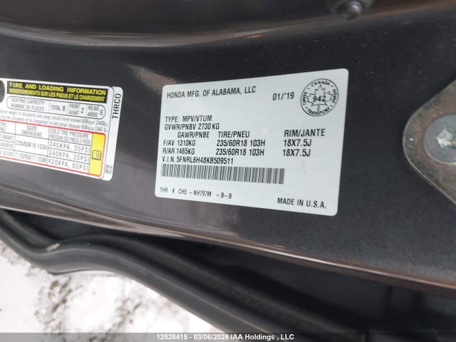 5FNRL6H48KB509511 Honda ODYSSEY EX