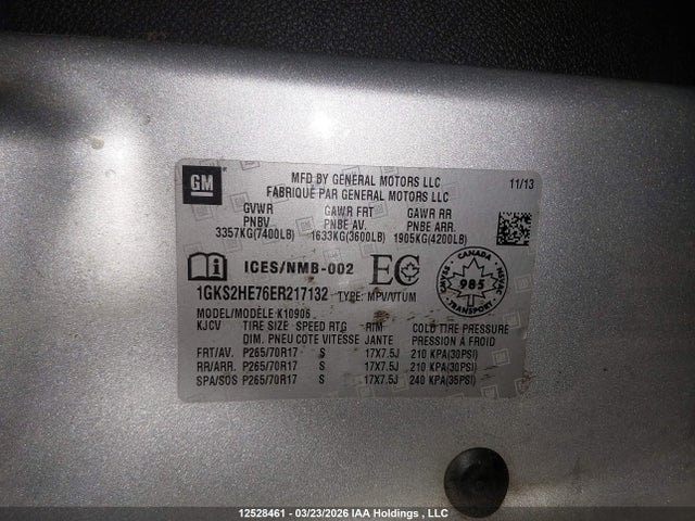 12528461 :رقم المزاد ، 1GKS2HE76ER217132 vin ، 2014 Gmc Yukon Xl K1500 Sle مزاد بيع