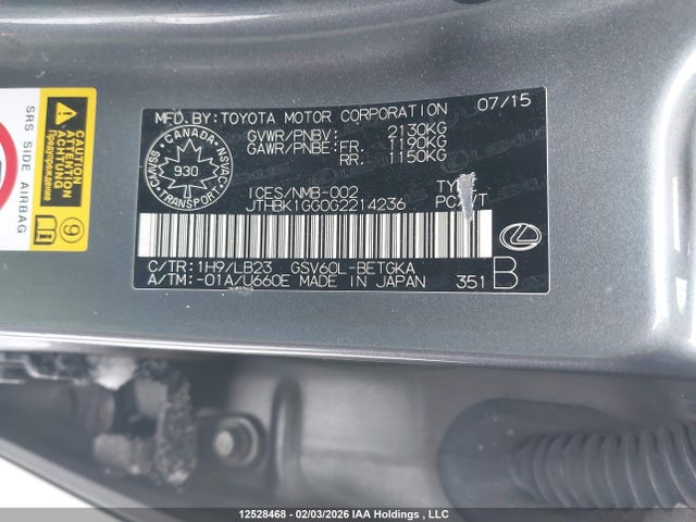 JTHBK1GG0G2214236 Lexus Es 350 350