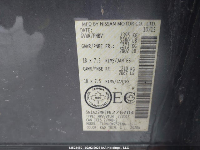 5N1AZ2MH3FN276704 Nissan Murano Platinum/sl/sv