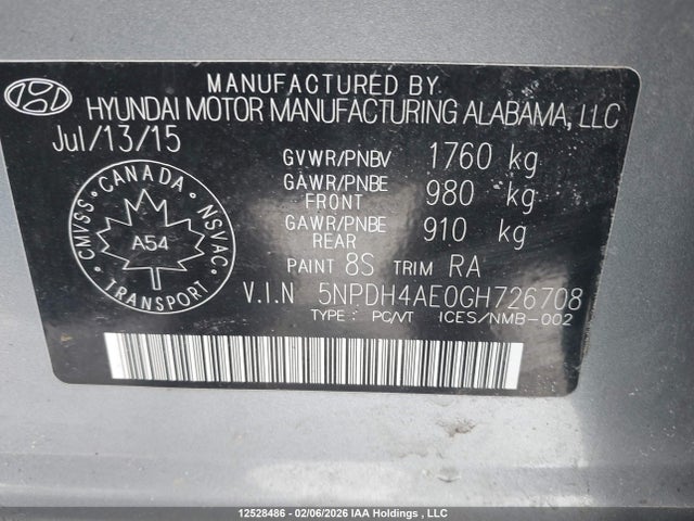 Продажа на аукционе авто 2016 Hyundai Elantra, vin: 5NPDH4AE0GH726708, номер лота: 12528486