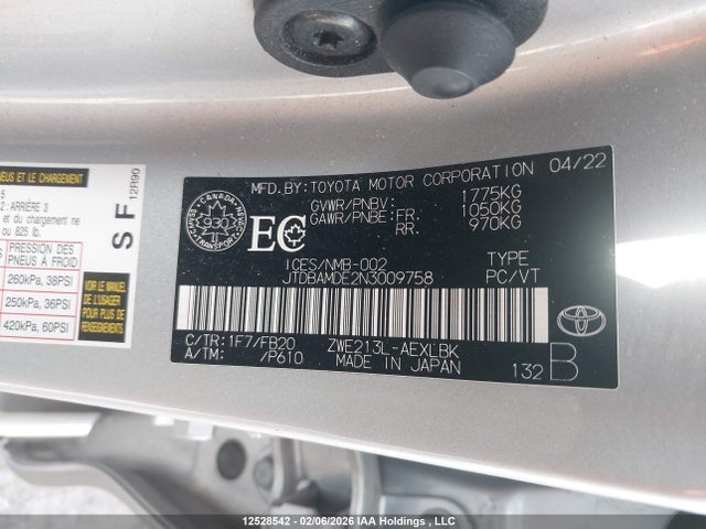 JTDBAMDE2N3009758 Toyota Corolla Hybrid Base W/li Battery