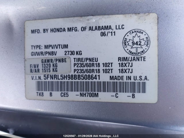 2011 Honda Odyssey Touring/touring Elite მანქანა იყიდება აუქციონზე, vin: 5FNRL5H98BB508641, აუქციონის ნომერი: 12528567