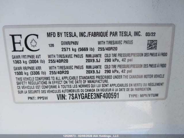 7SAYGAEE3NF400591 Tesla Model Y Long Range